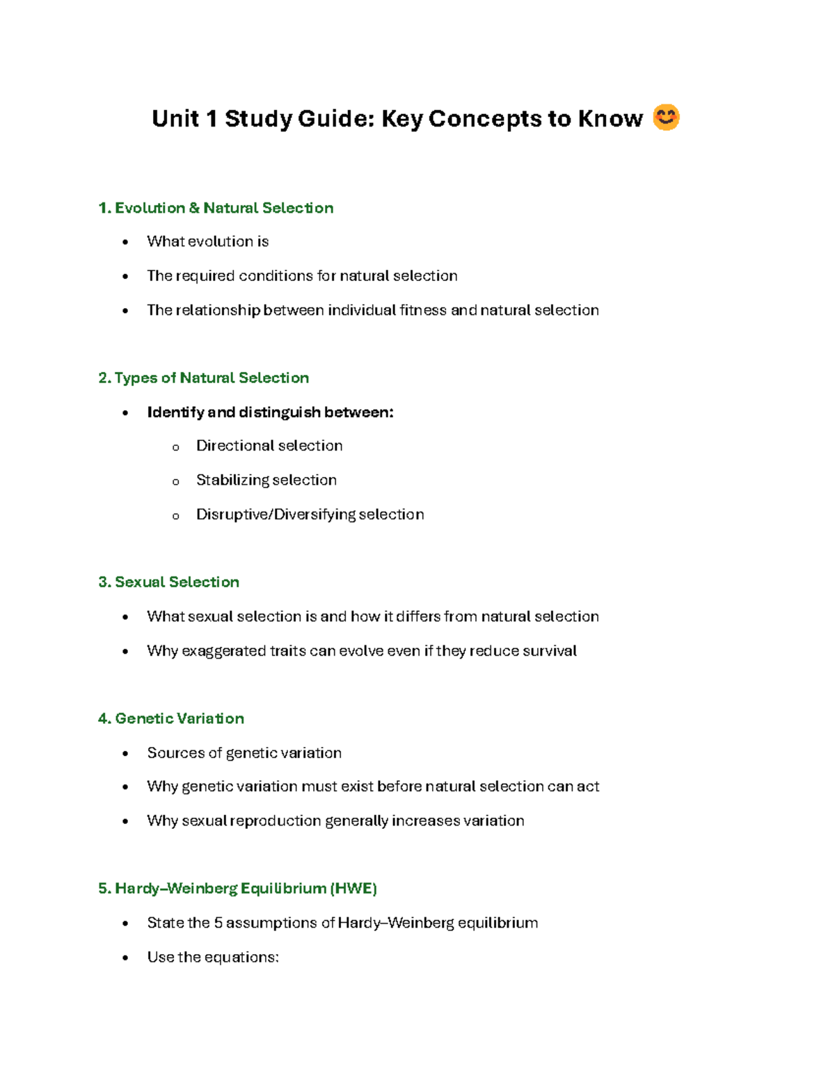 Unit 1 Study Guide: Evolution & Natural Selection Concepts - Studocu