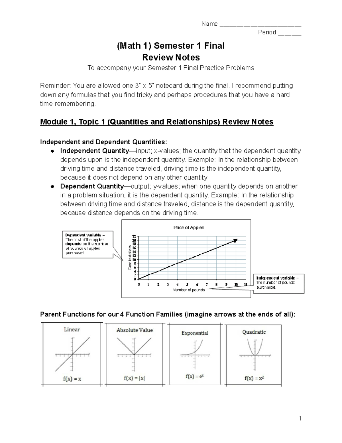 Math 1 Semester 1 Final Exam Review Notes and Practice Problems - Studocu