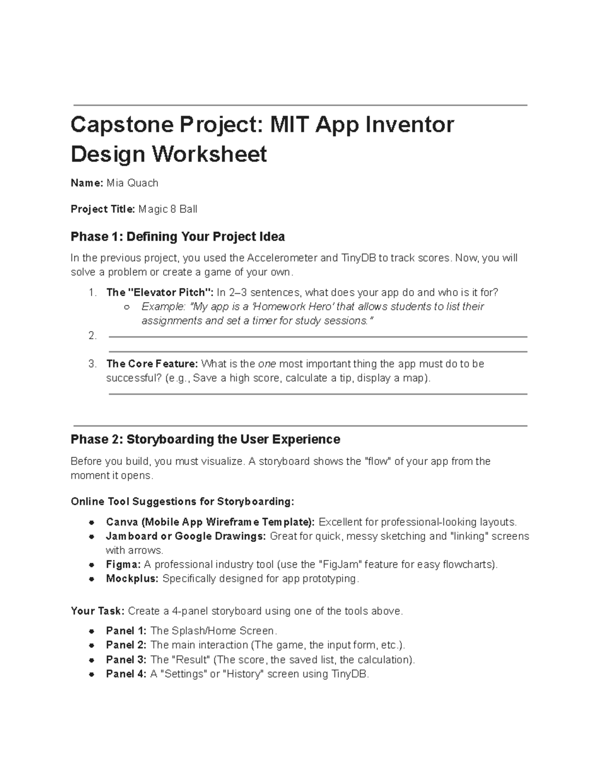 MIT APP Inventor Capstone Project: Magic 8 Ball Design Worksheet - Studocu
