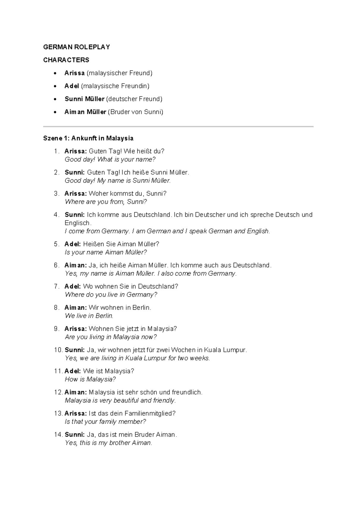 GERM 101: Dialogue Roleplay in German - Characters & Scenes - Studocu