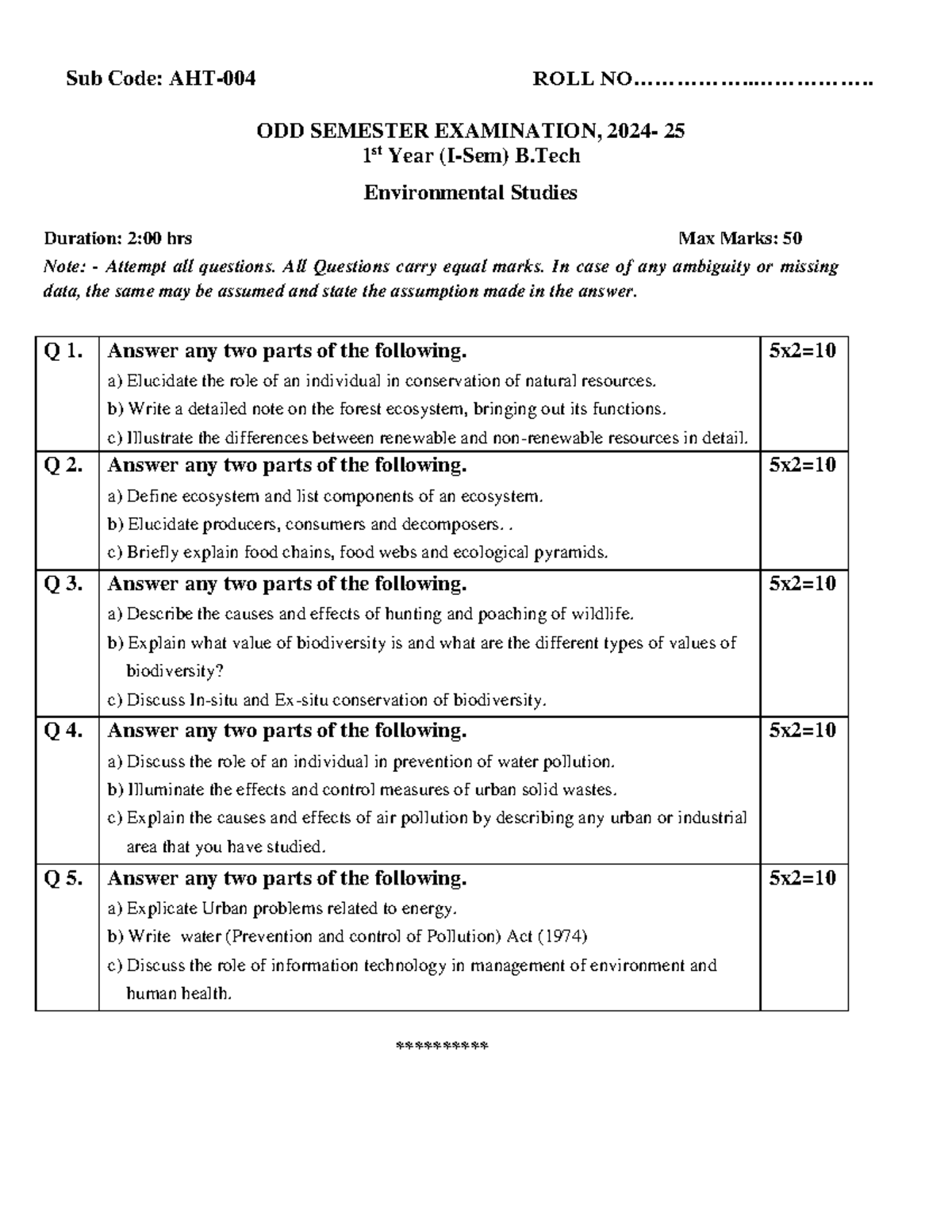 B.Tech 1st Year Environmental Studies Exam: ODD SEM 2025 - Studocu