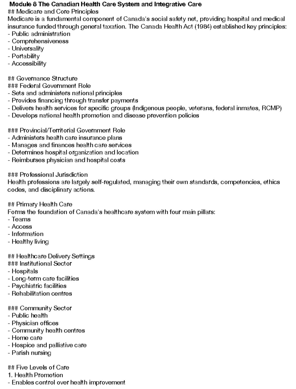 Exam Review: Canadian Health Care System & Integrative Care (Modules 8 ...