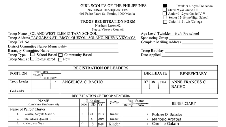 SWES Troop Registration Form for Solano West Elementary - Studocu