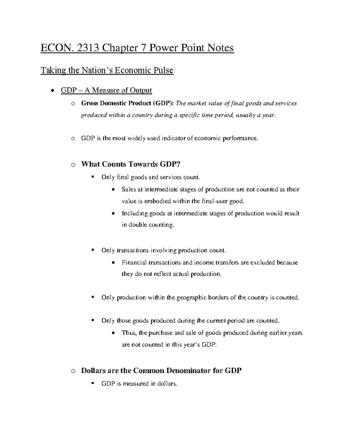 ECON. 2313 Chapter 7 GDP and Economic Measures Summary Notes - Studocu