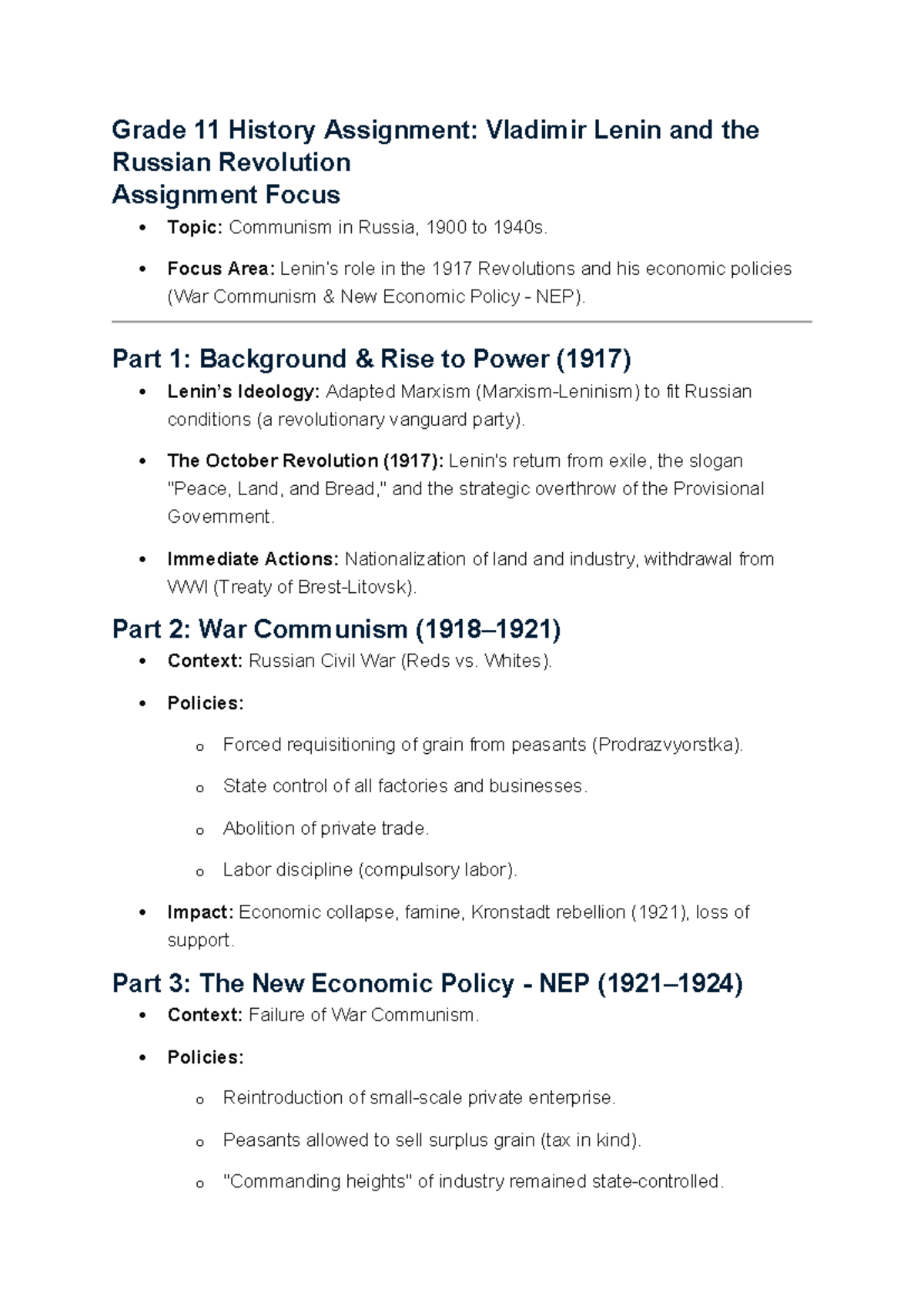 Grade 11 History Assignment: Lenin & the Russian Revolution (1900-1940 ...