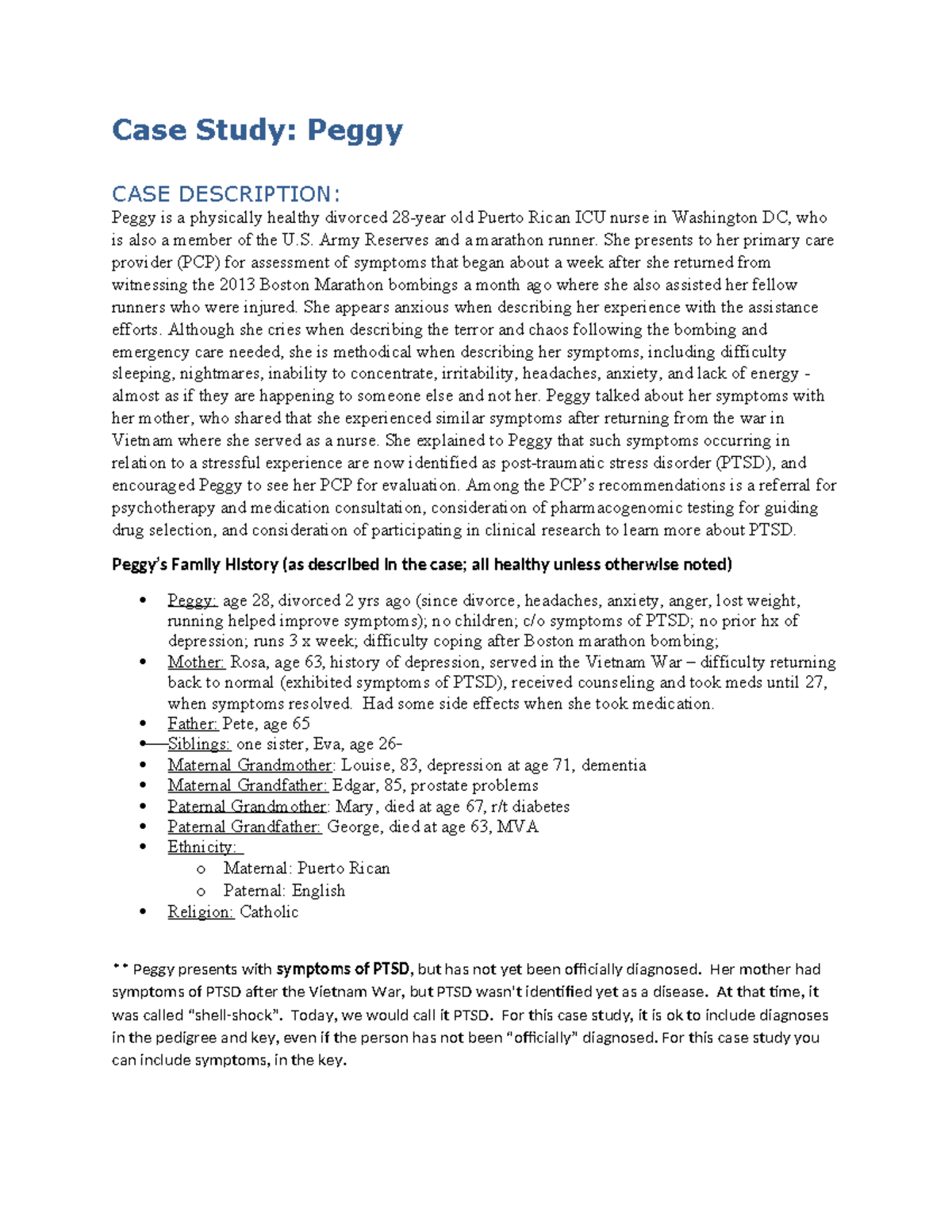 NURS 317 Case Study: Peggy's PTSD Assessment and Family History (2024 ...