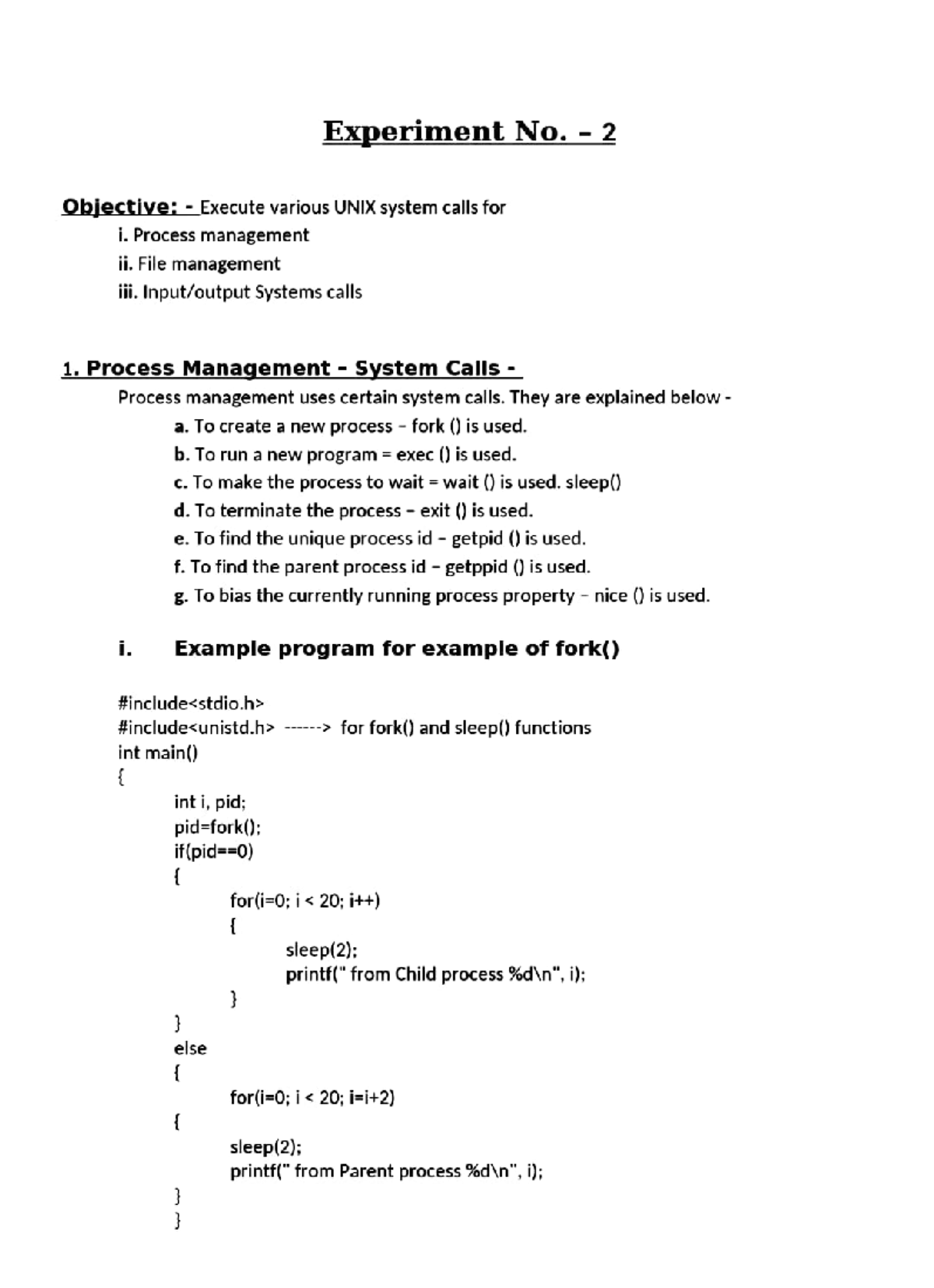 Experiment 2: UNIX System Calls for Process and File Management - Studocu