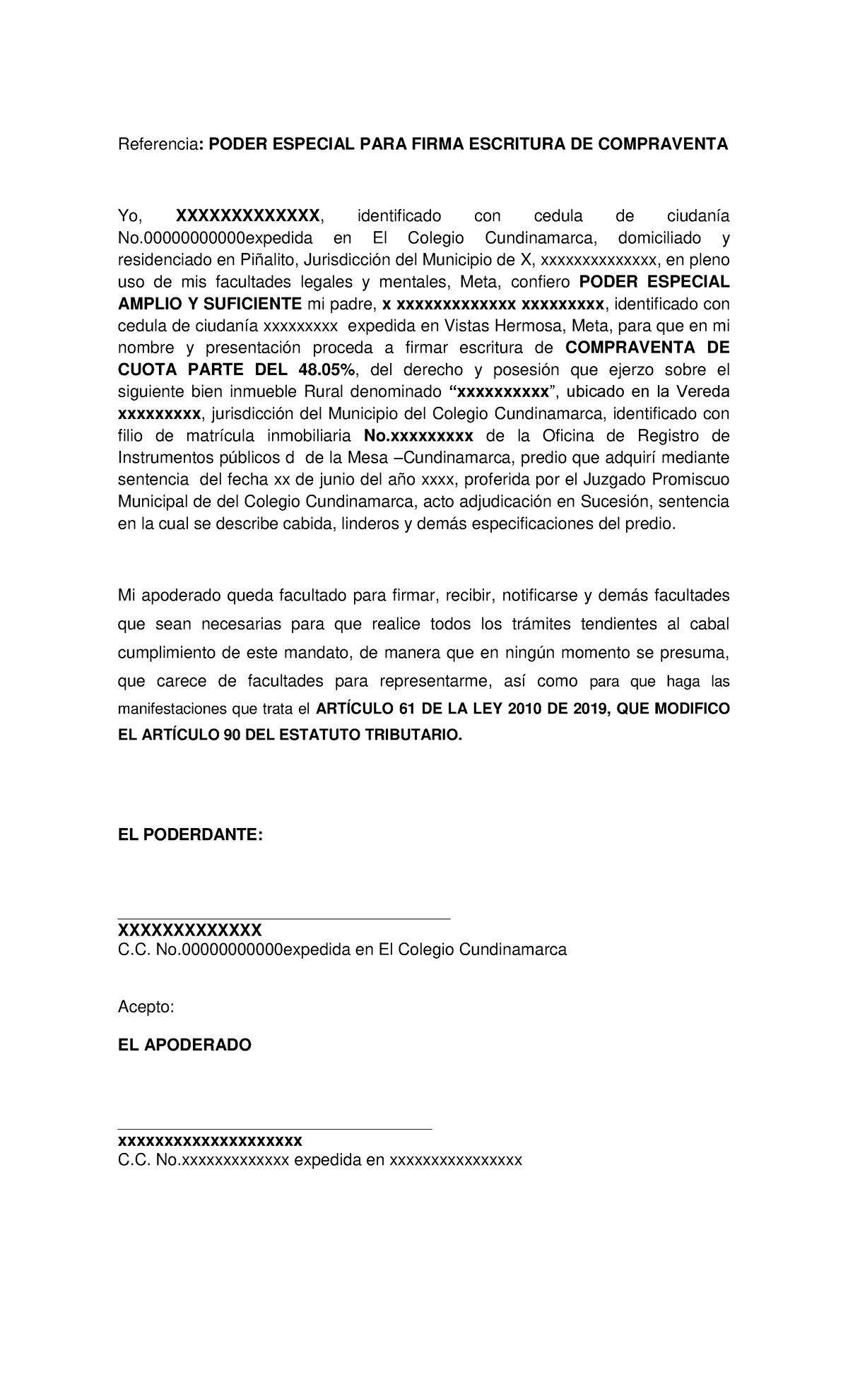 Poder Para Venta de Cuota Parte - Referencia: PODER ESPECIAL PARA FIRMA ...