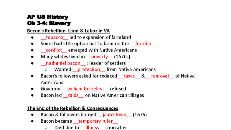 AP US History Ch 3-4: Slavery, Rebellion, and Labor Dynamics - Studocu