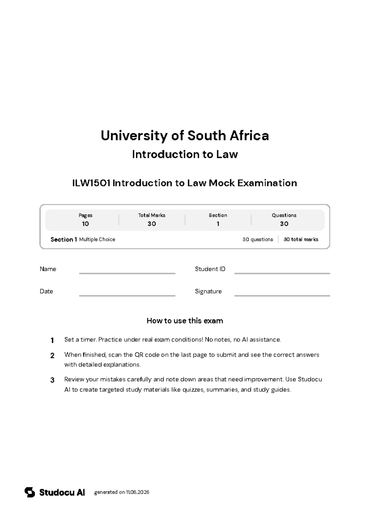 ILW1501 Introduction to Law Mock Exam - Studocu