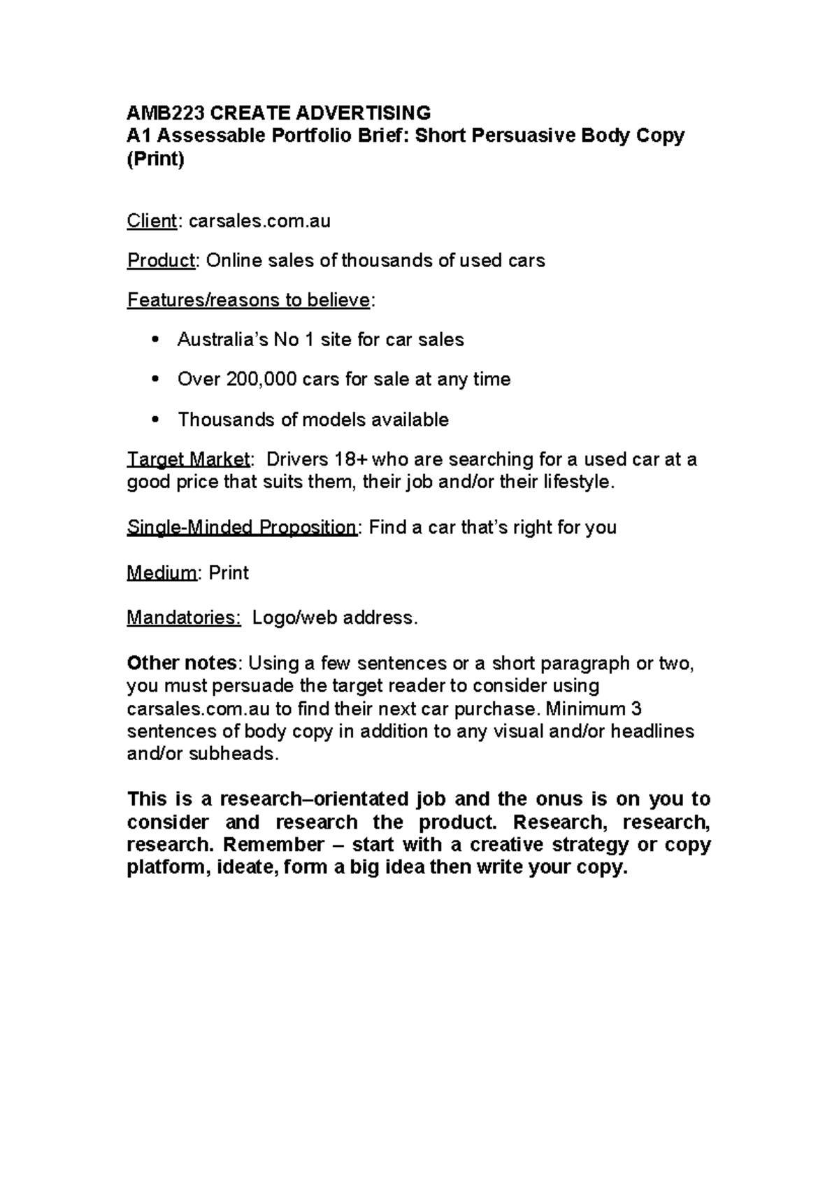 AMB223 Short Persuasive Body Copy Brief for Carsales.com.au - Studocu