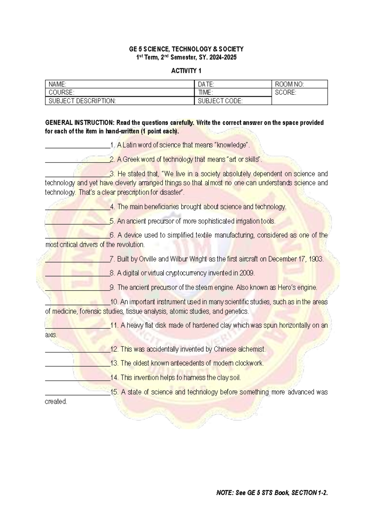 Activity 1: GE 5 Science, Technology, and Society Quiz - Studocu