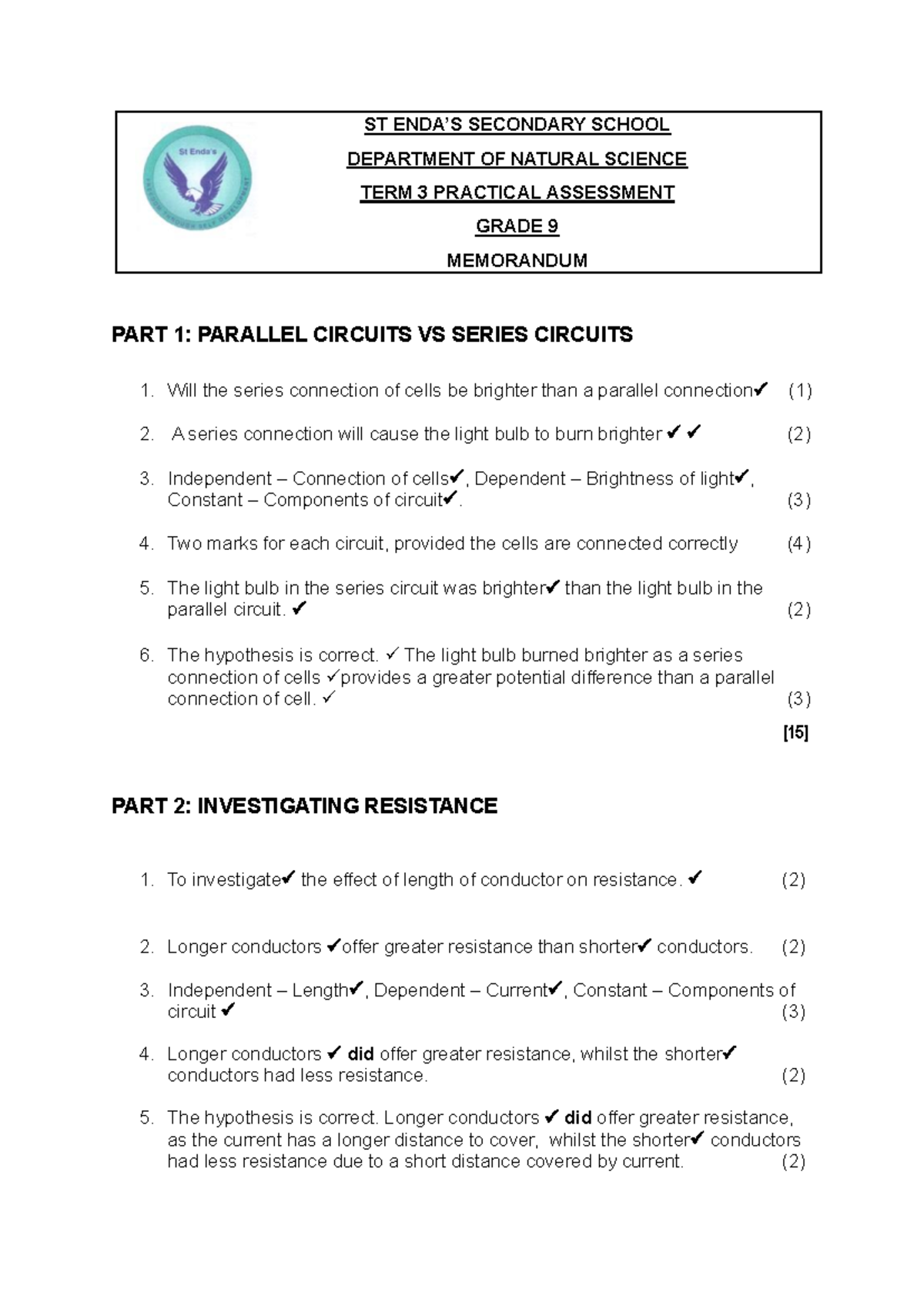Grade 9 Natural Science Term 3 Practical Assessment Memo - Studocu