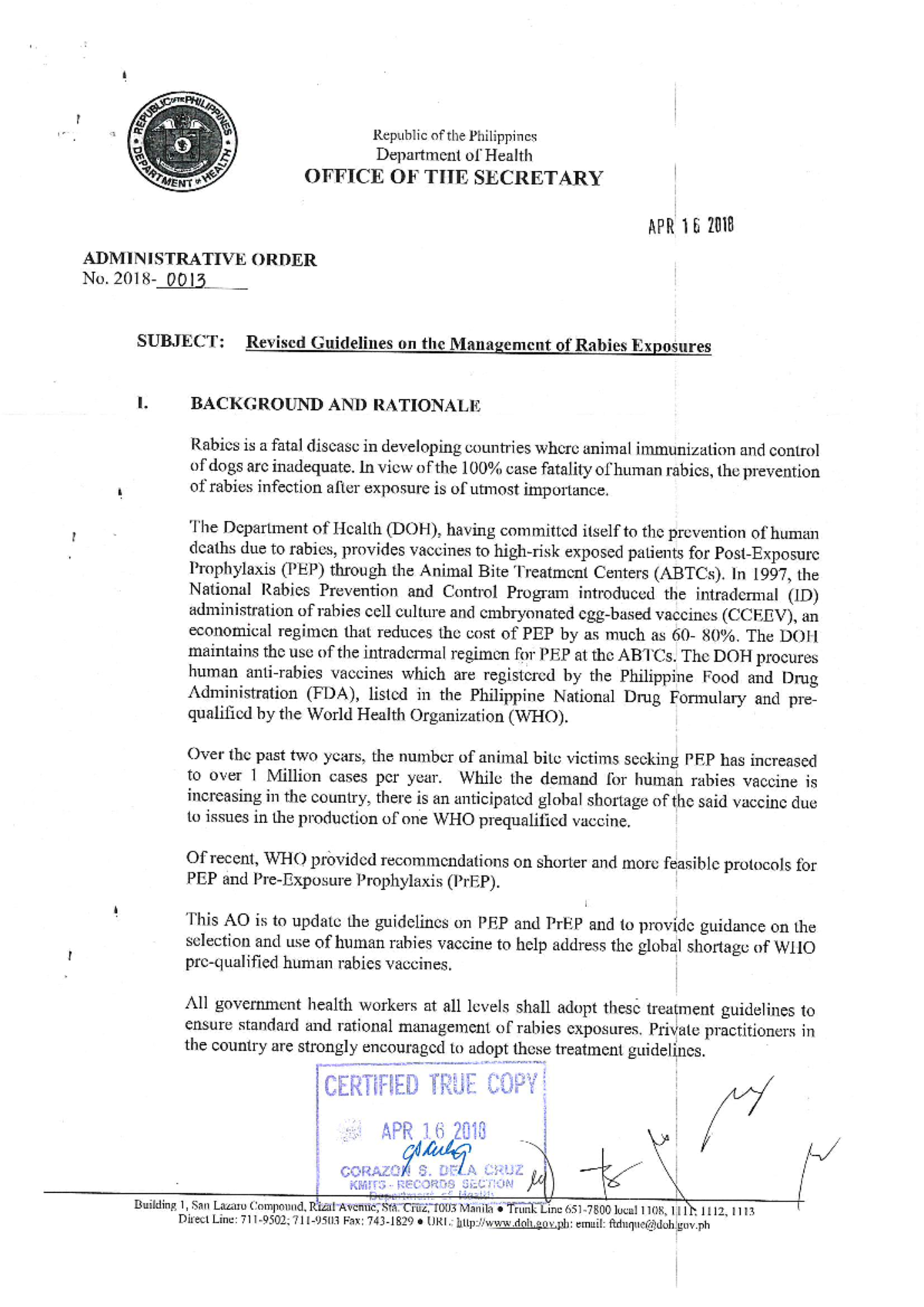 Revised Guidelines on Rabies Exposure Management | AO 2018-0013 - Studocu