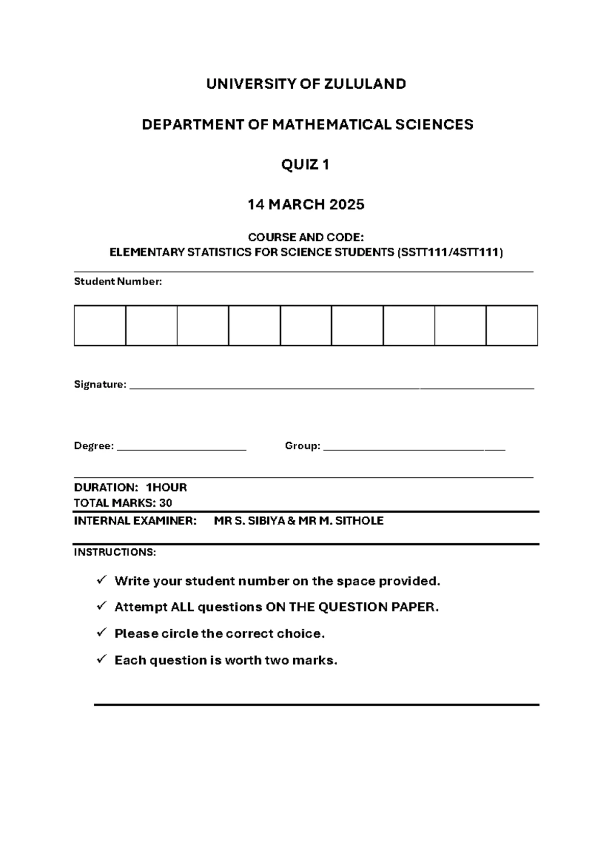 Quiz 1 - STAT101: Elementary Statistics August 2024 - Studocu