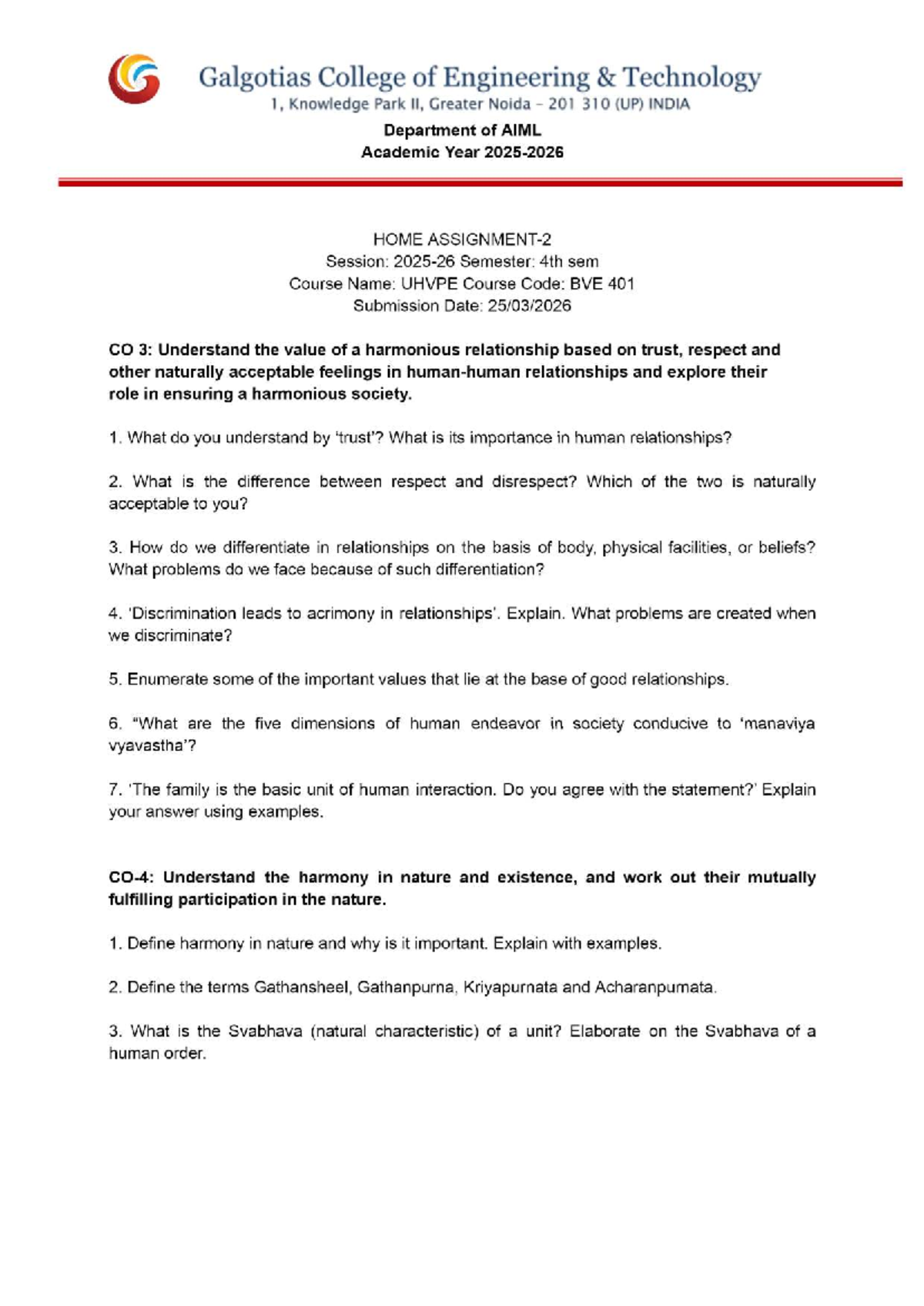 BVE 401 - UHVPE 4th Sem Notes on Harmony in Relationships and Nature ...