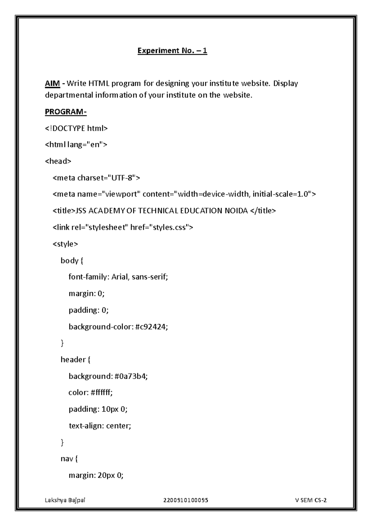 Experiment No. 1: HTML Program for Institute Website Design - Studocu