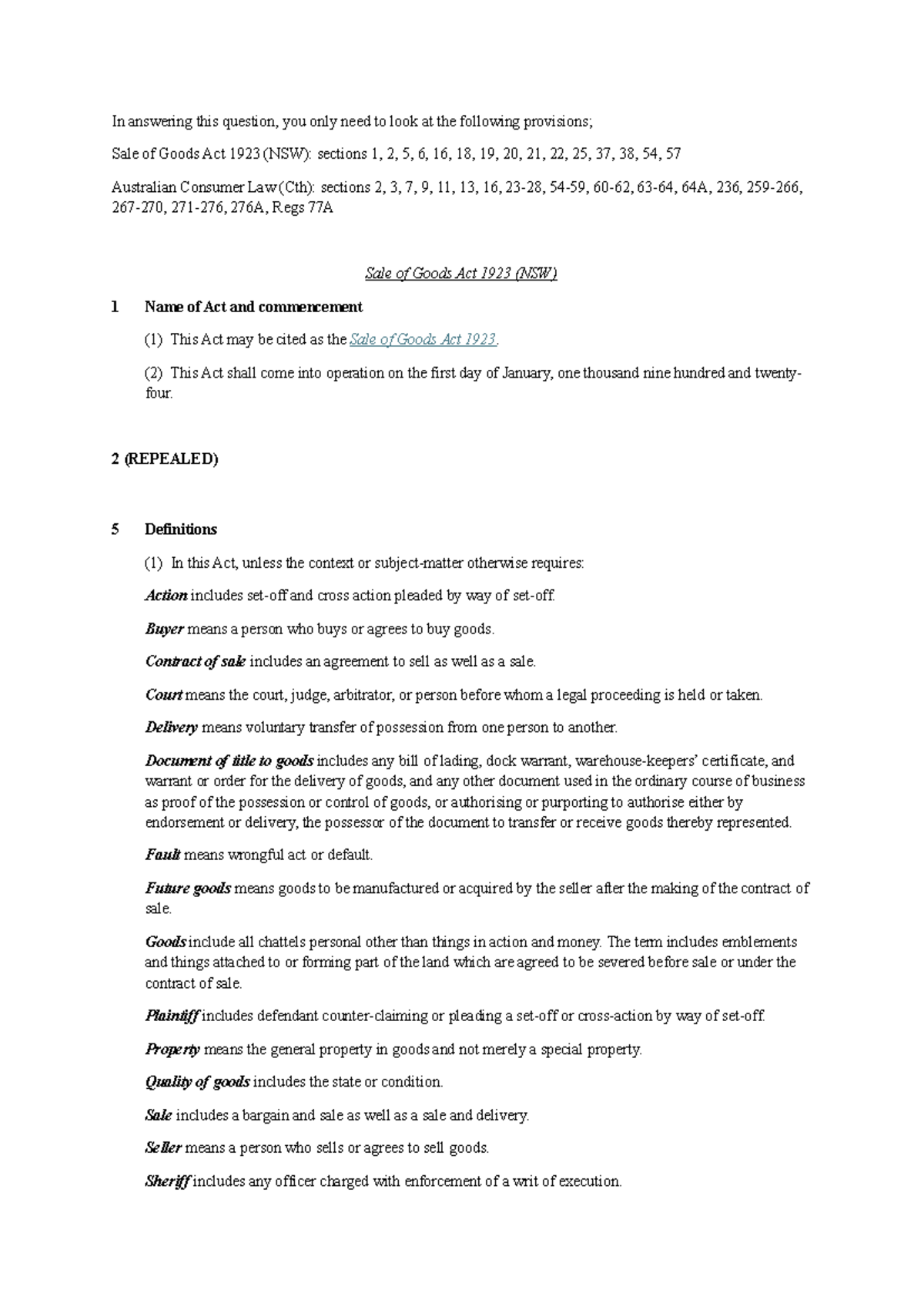 P&C Law Notes: Sale of Goods Act 1923 & Australian Consumer Law - Studocu