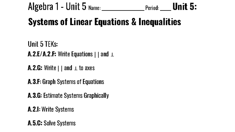 Algebra 1 - Unit 5: Systems of Linear Equations & Inequalities - Studocu