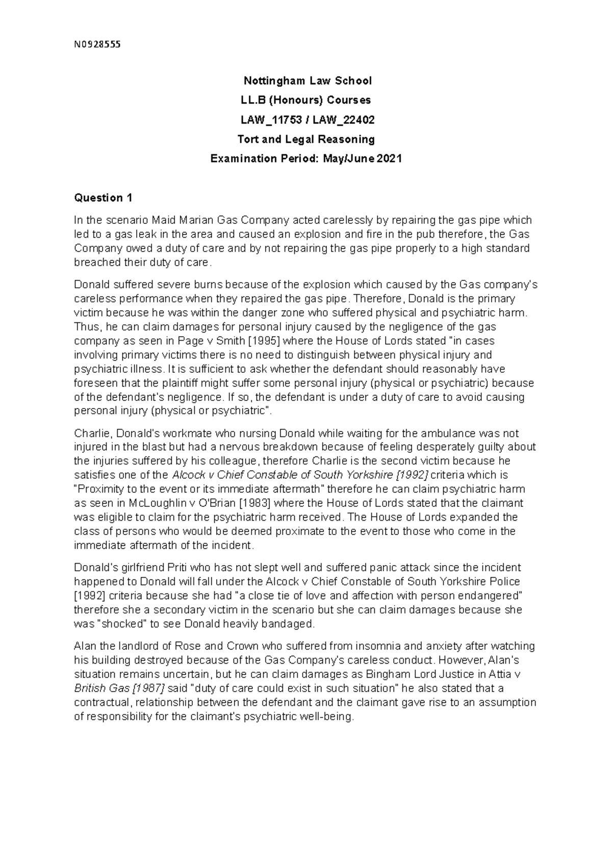 tort law exam final - N Nottingham Law School LL (Honours) Courses LAW ...