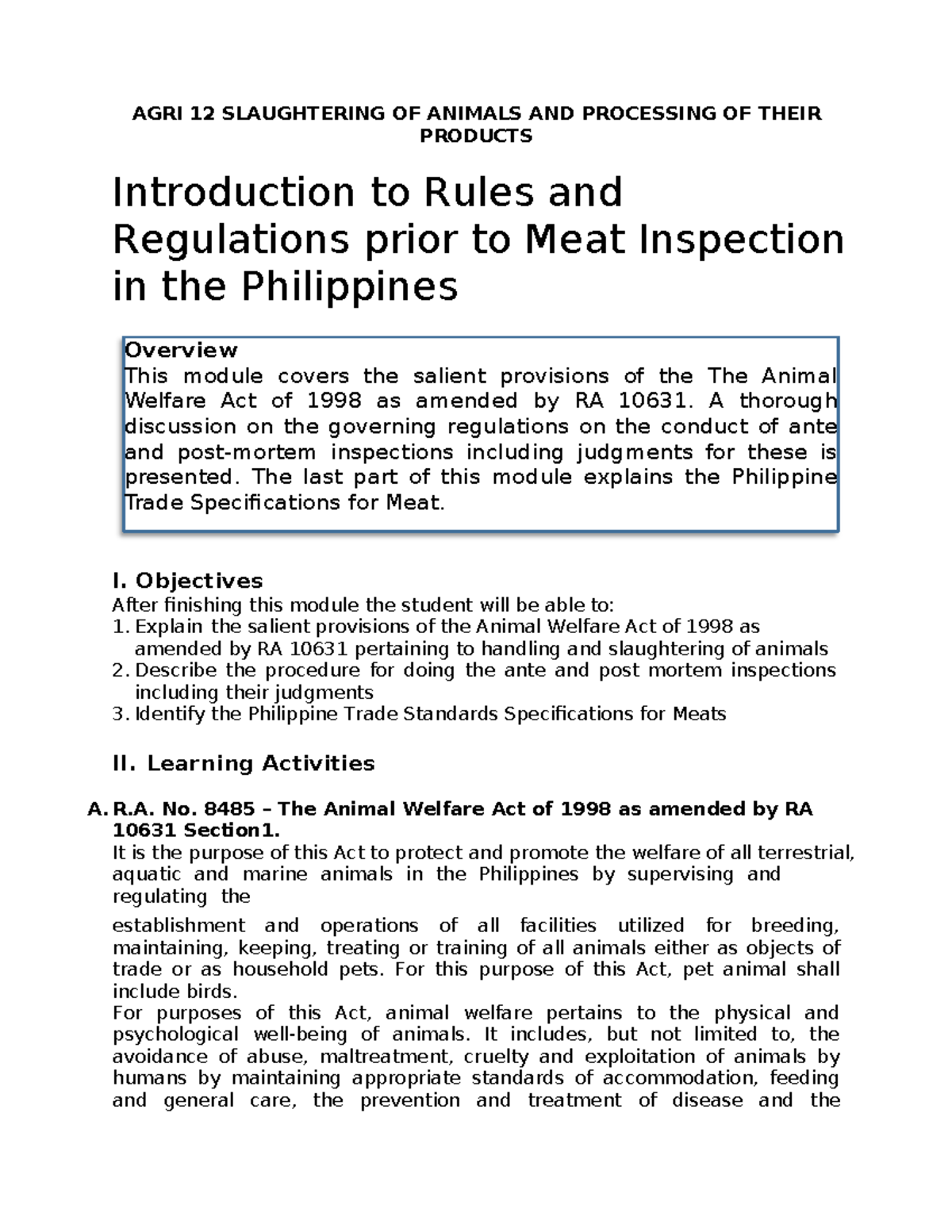 AGRI 12 Final Exam: Rules & Regulations for Meat Inspection in the ...