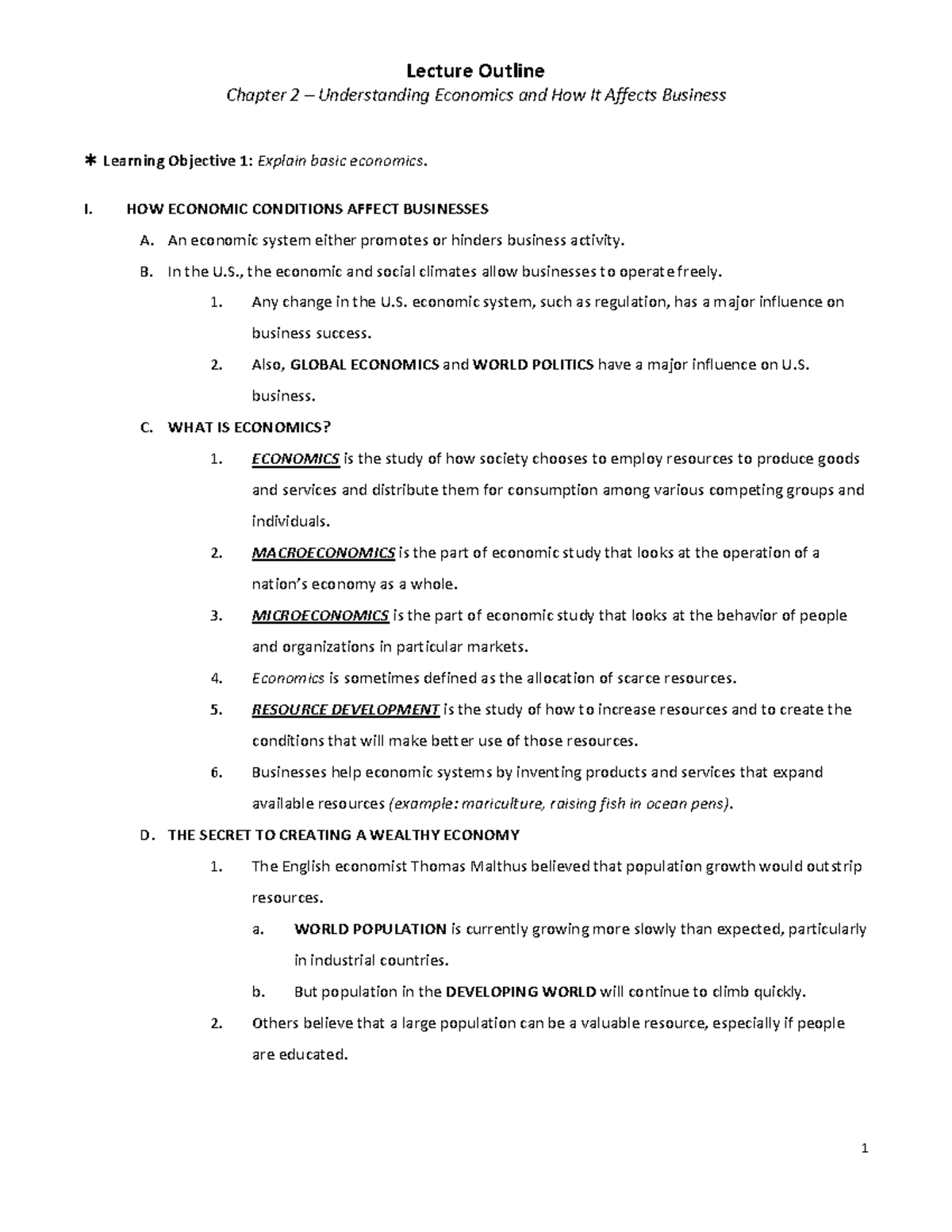 Lecture Outline: Chapter 2 - Economics' Impact on Business (Course Code ...