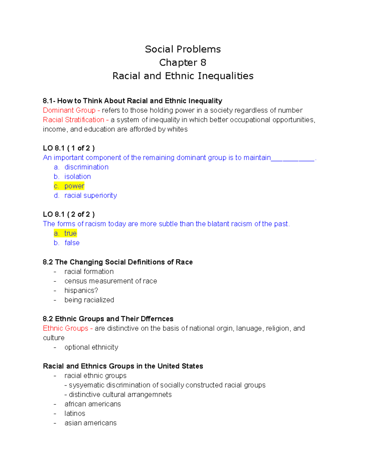 Social Problems Chapter 8: Racial and Ethnic Inequalities Study Guide ...