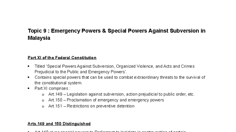 T9: Emergency Powers in Malaysia - Part XI, Art.149 & Art.150 Overview ...