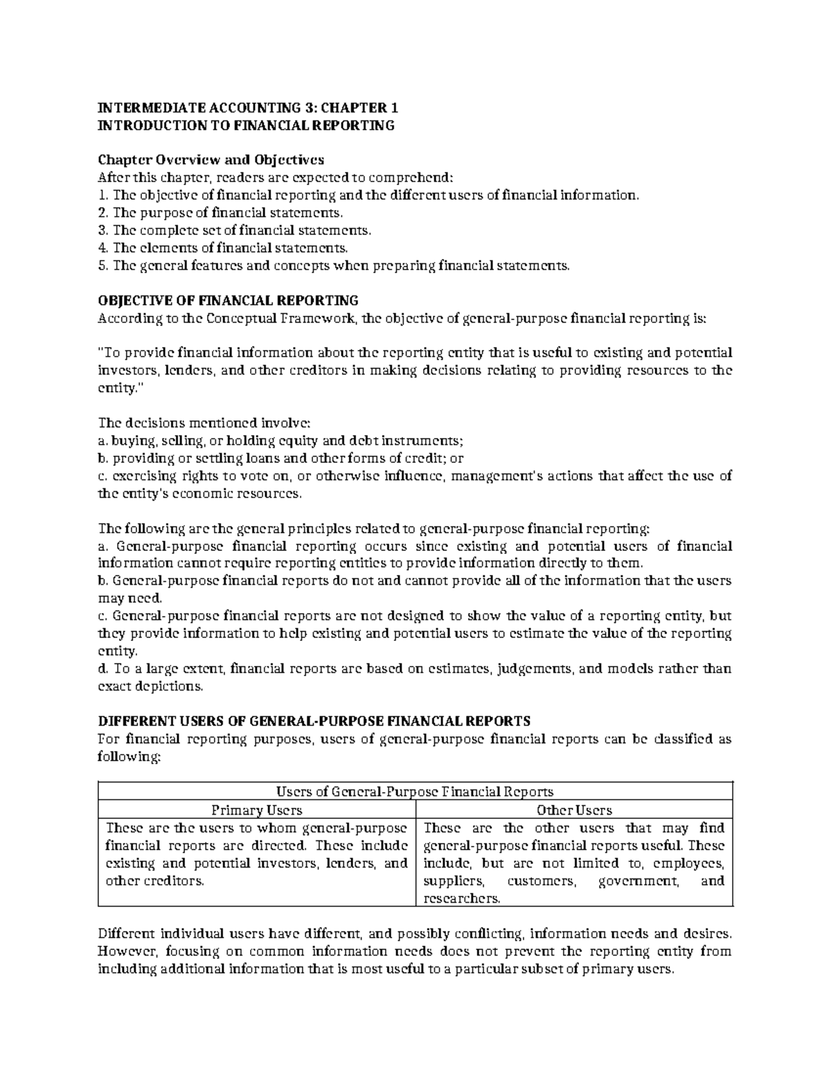INTERMEDIATE ACCOUNTING 3: CH 1 - INTRO TO FINANCIAL REPORTING - Studocu