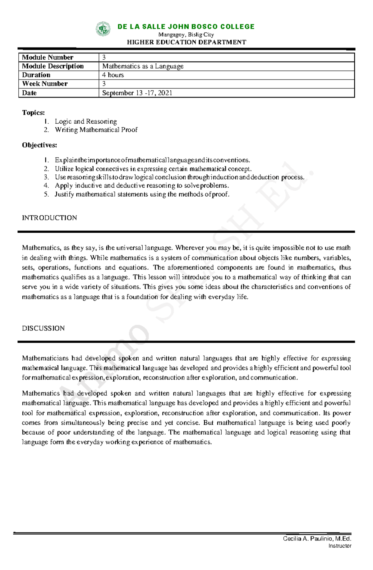 MMW- Module 3 - Logic, Reasoning, and Writing Mathematical Proofs - Studocu