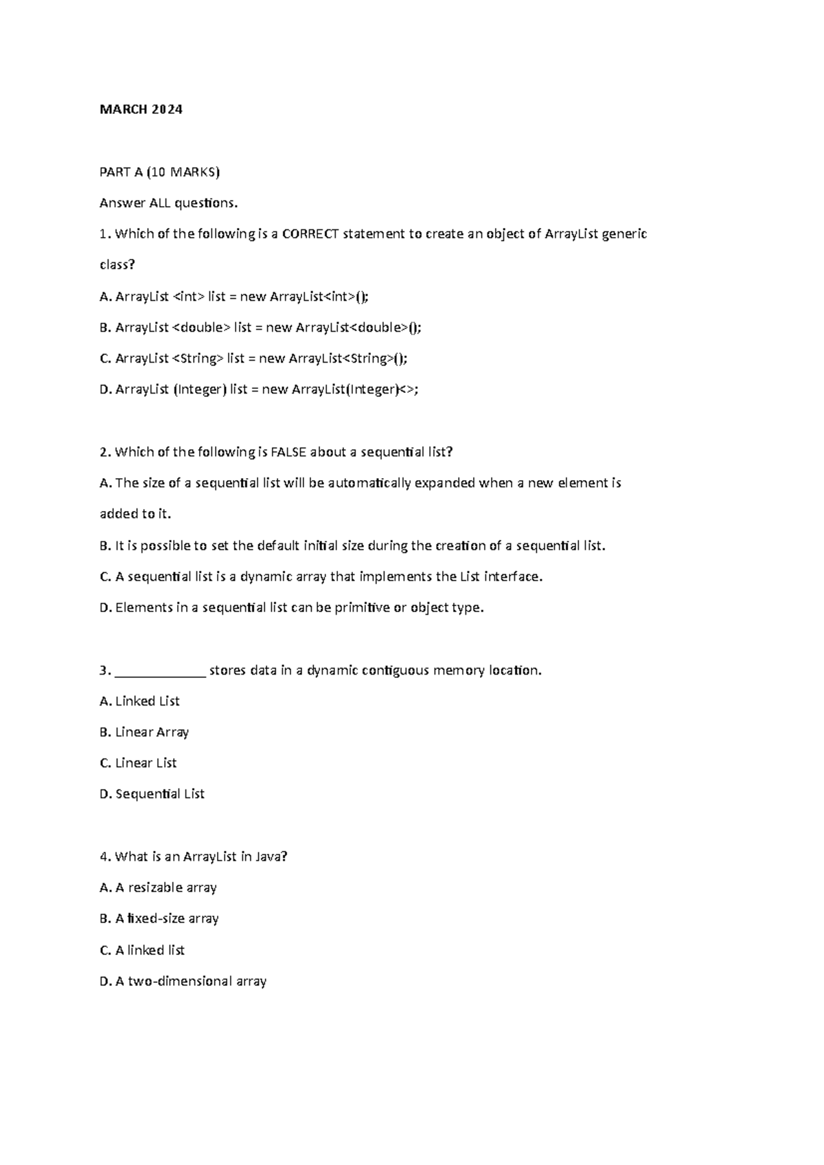 Java Data Structures & Algorithms Quiz - MARCH 2024 PART A (10 MARKS ...
