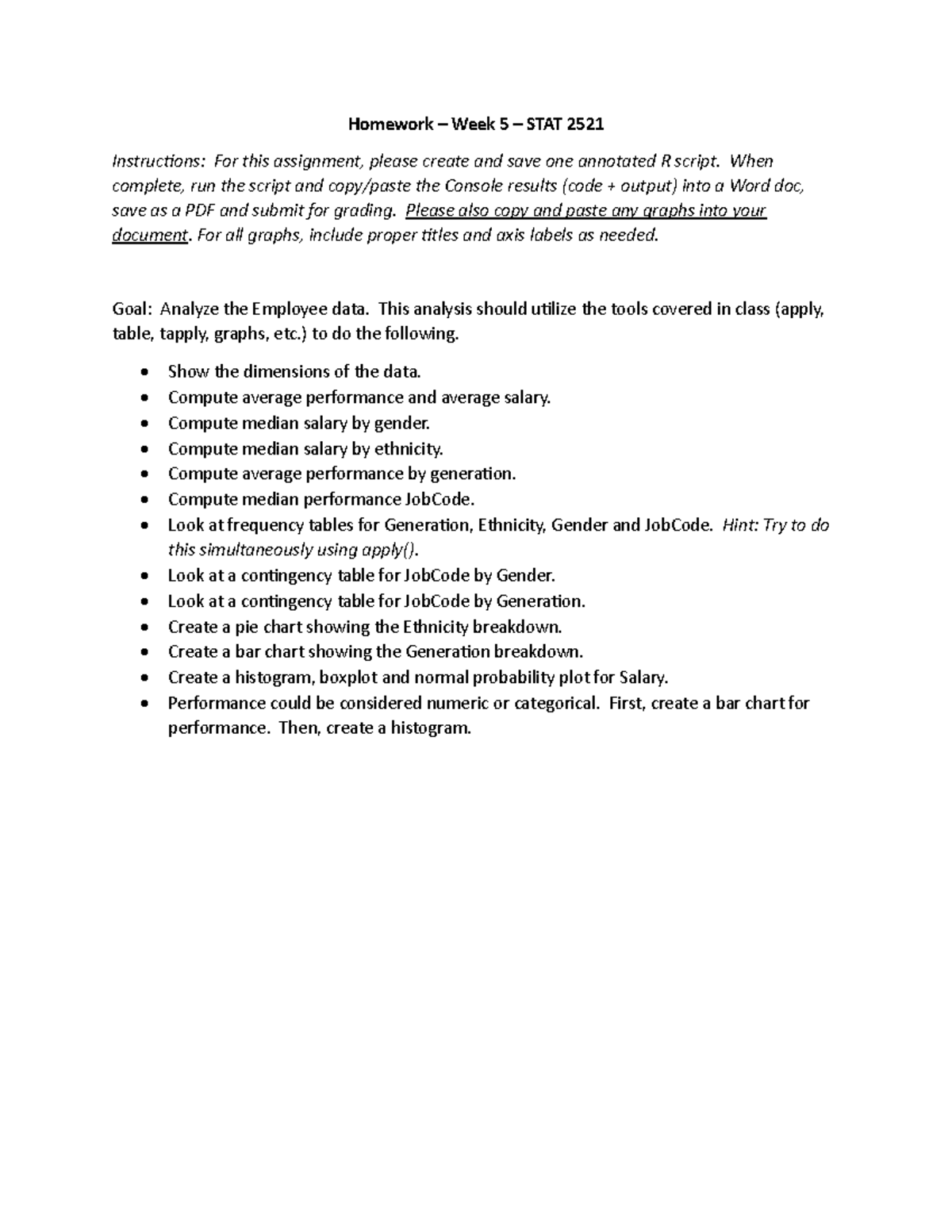 Homework Assignment: Week 5 Analysis of Employee Data - STAT 2521 - Studocu