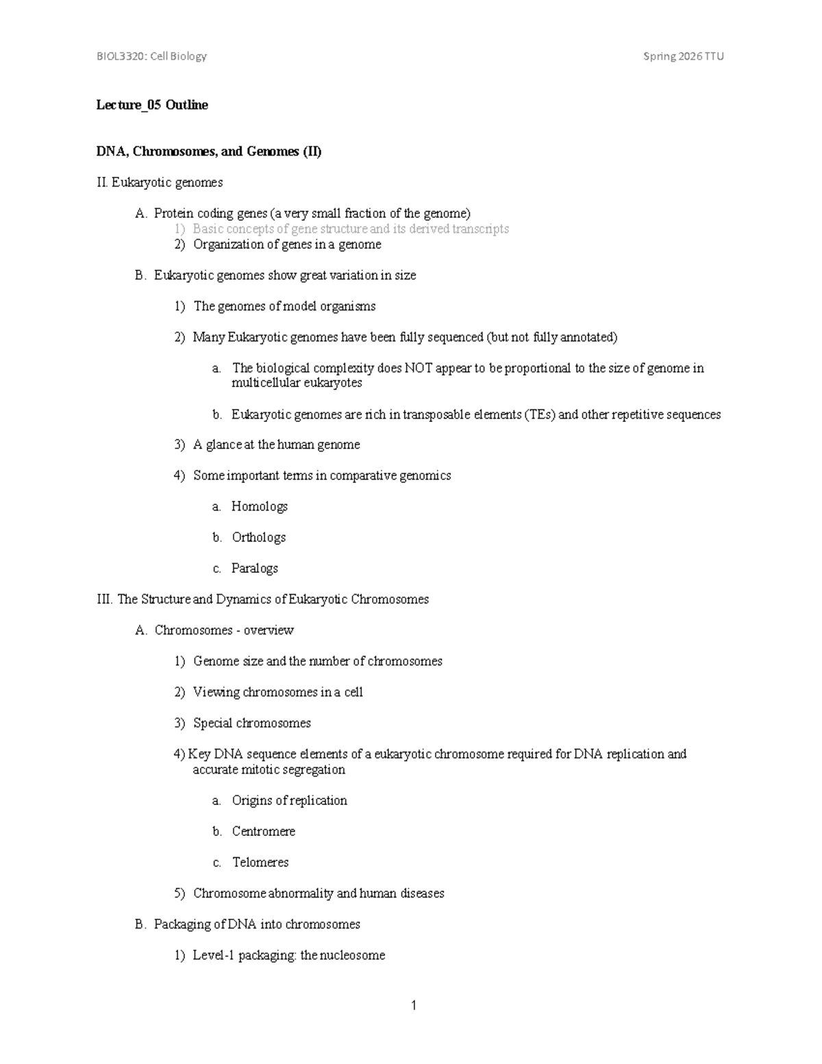 BIOL3320: Cell Biology Spring 2026 TTU Lecture 05 Outline on Eukaryotic ...