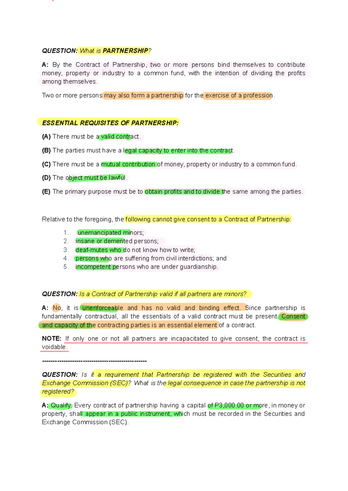 LAW C201: Partnership Concepts and Legal Framework Notes - Studocu
