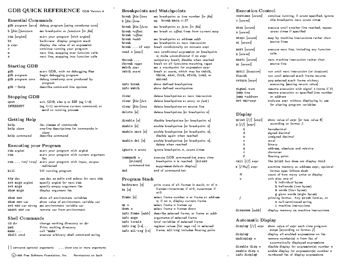 GDB 4 Quick Reference: Essential Commands and Usage Guide - Studocu