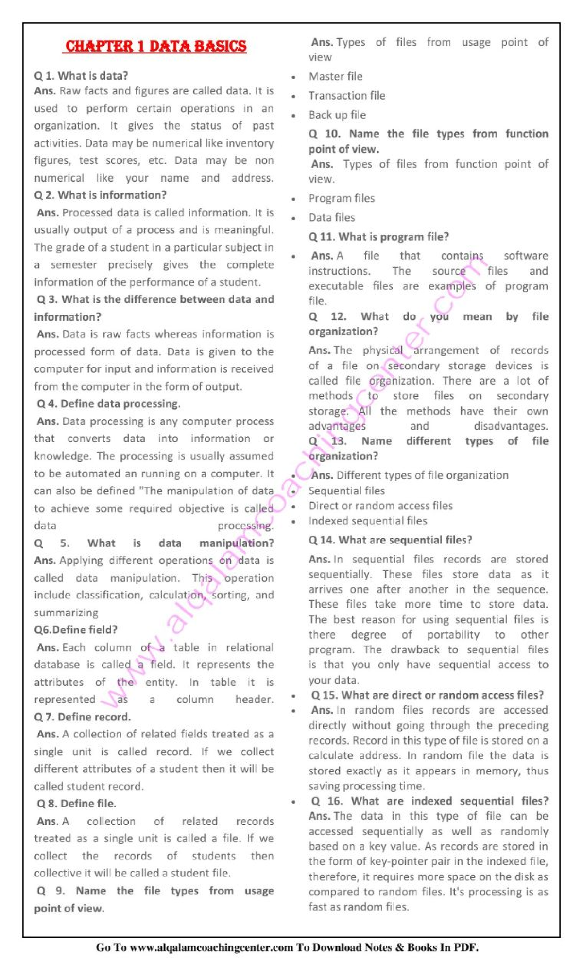 2nd year CS SQ notes - CHAPTER 1 DATA BASICS Ans. Types of files from ...