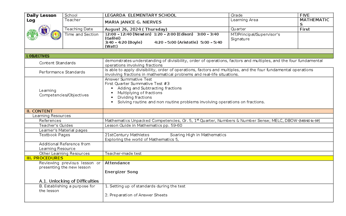 Answering First Summative test #3 - Daily Lesson Log School LEGARDA ...