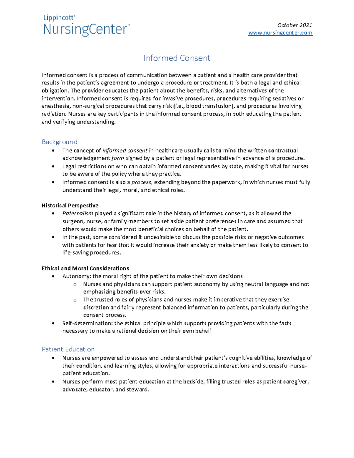 Pocket-Card Informed Consent Overview for Nursing - Oct 2021 - Studocu