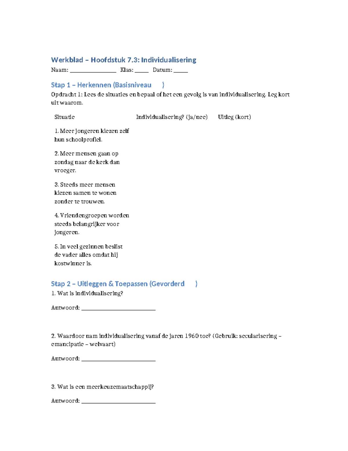 Werkblad Hoofdstuk 7.3: Individualisering en Maatschappelijke ...