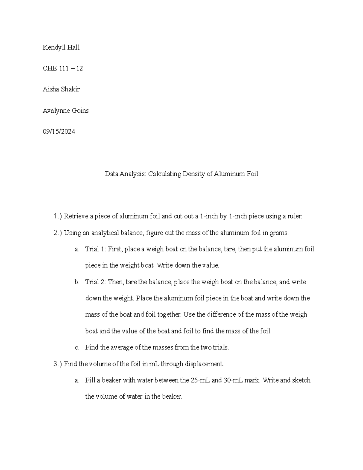 3 Hall Kendyll - Summary General Chemistry Lab II - Kendyll Hall CHE ...