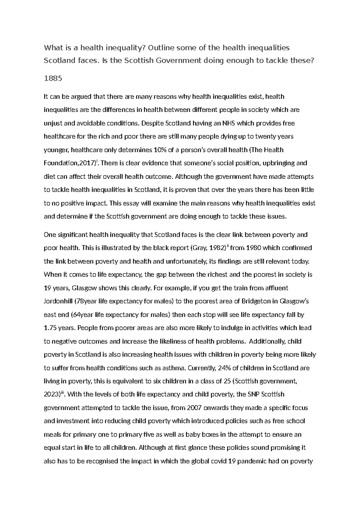 Health Inequalities in Scotland: An Essay on Causes and Solutions - Studocu