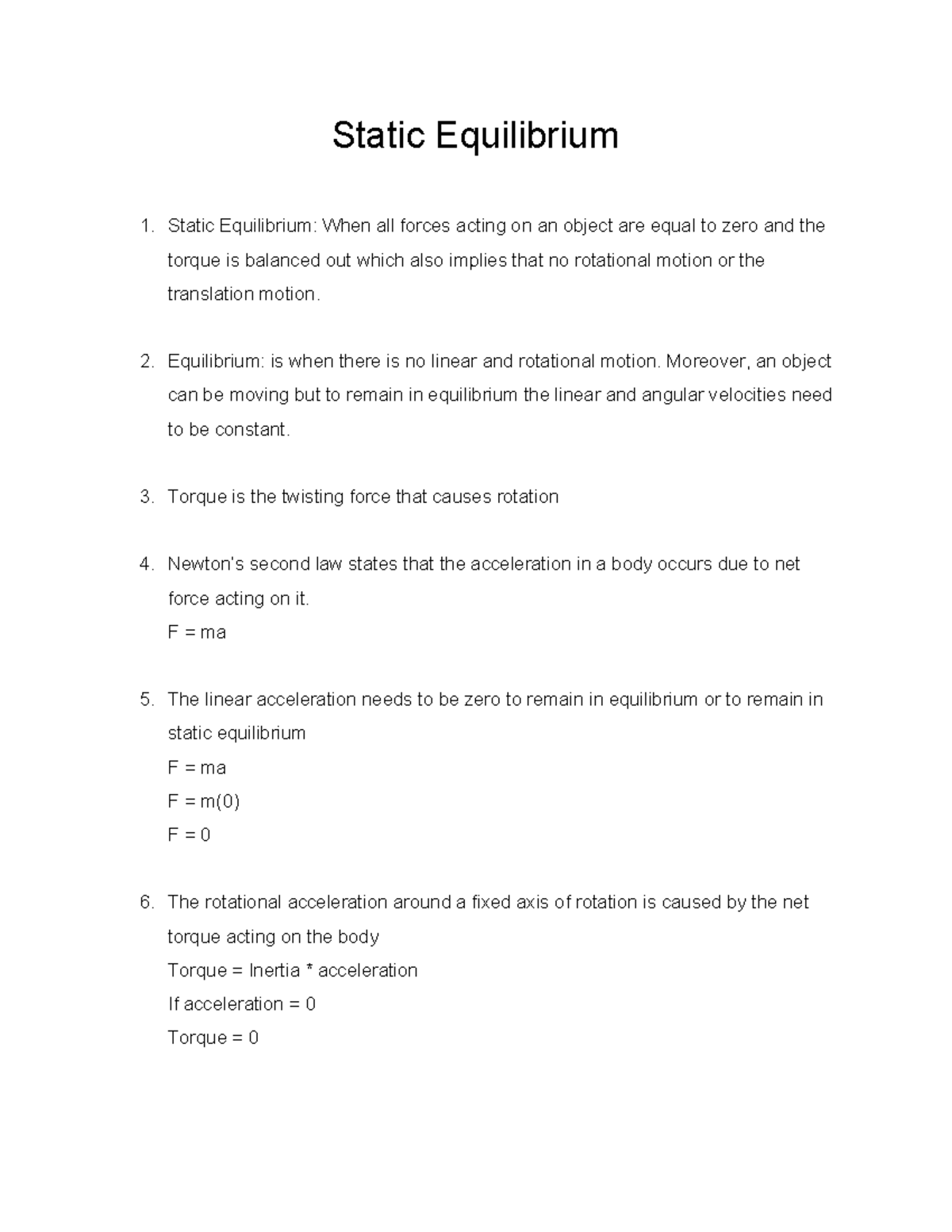 Physics notes for chapter 12 - Static Equilibrium Static Equilibrium ...