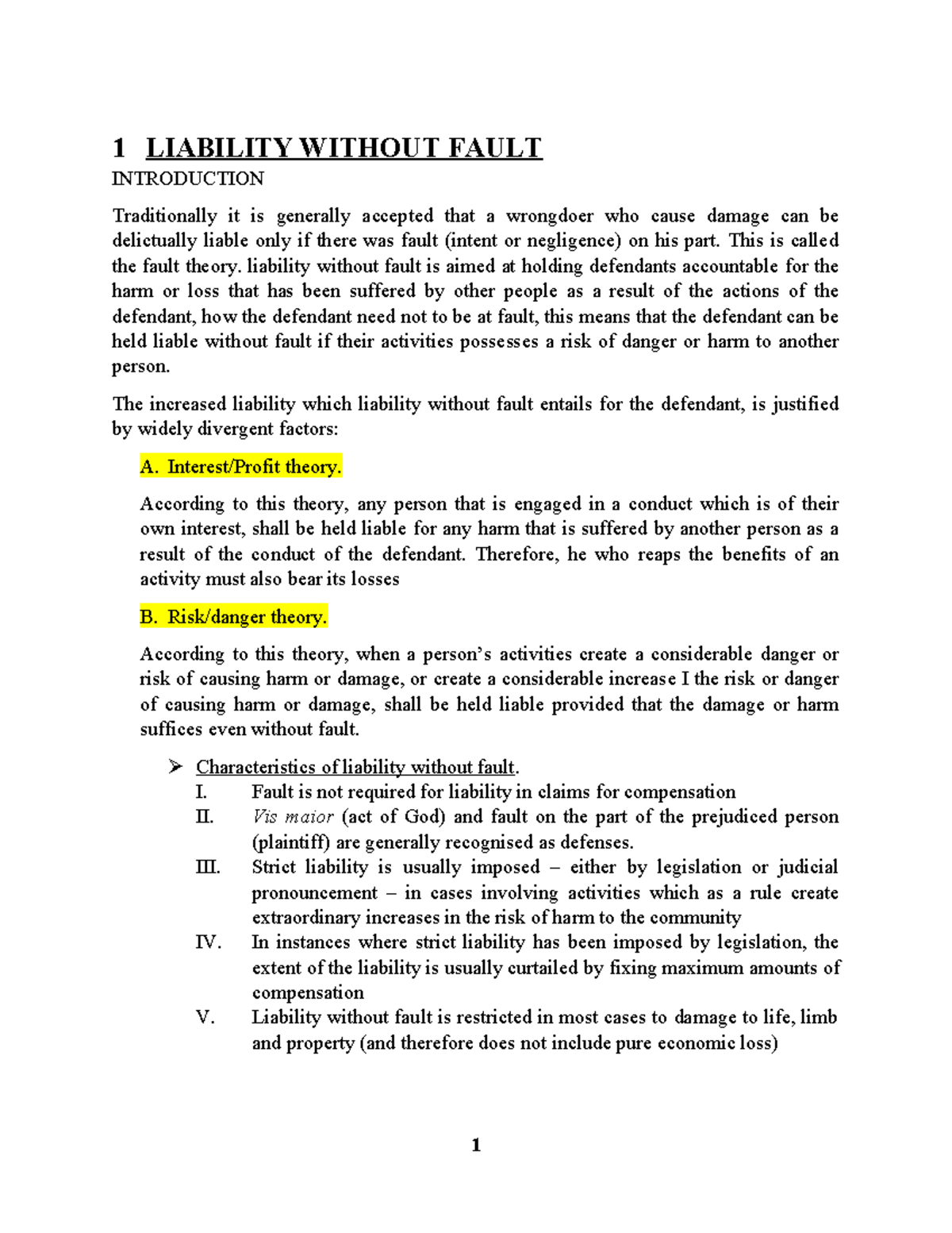 Delict Notes Compilation: Liability Without Fault (LAW 101) - Studocu