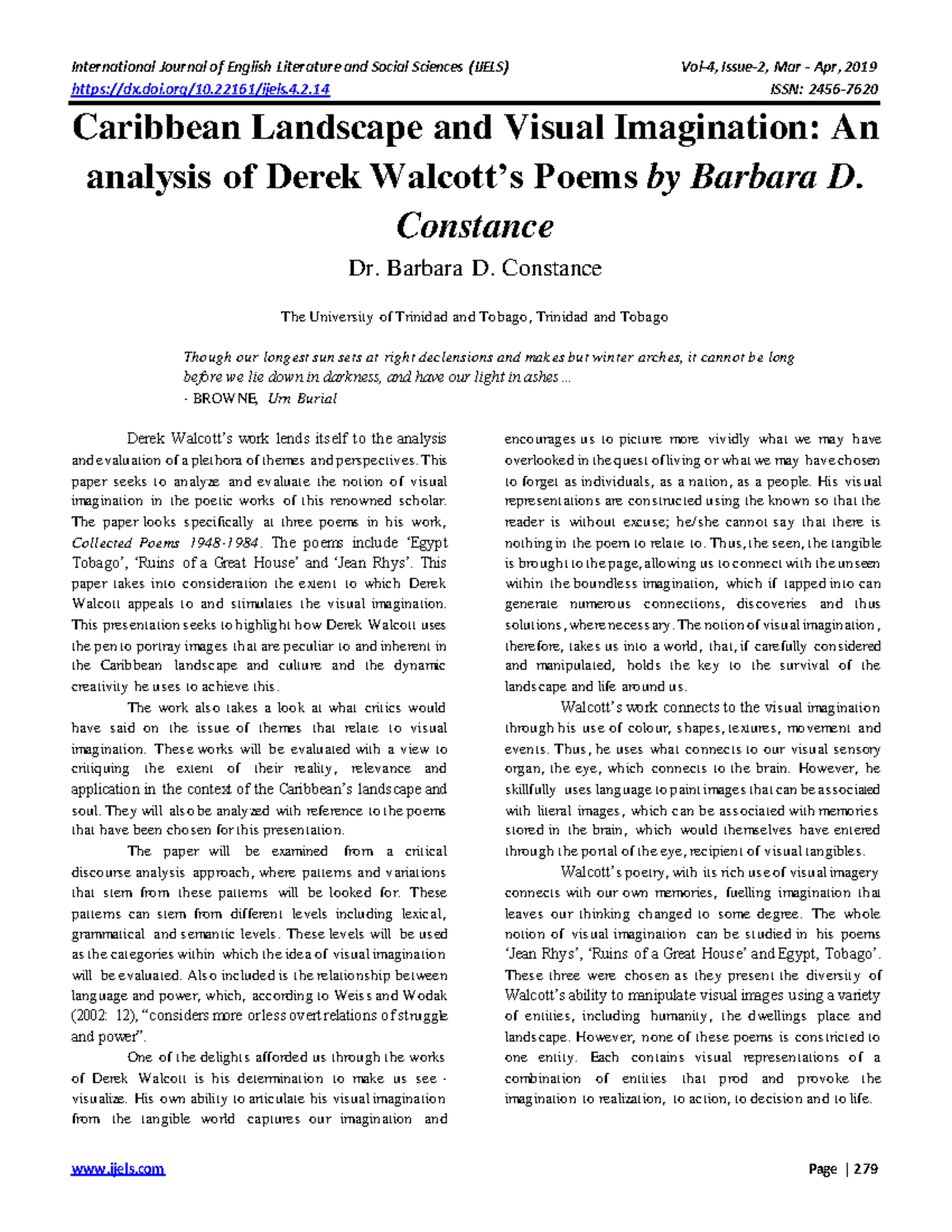 Caribbean Visual Imagination in Derek Walcott's Poetry: A Critical ...