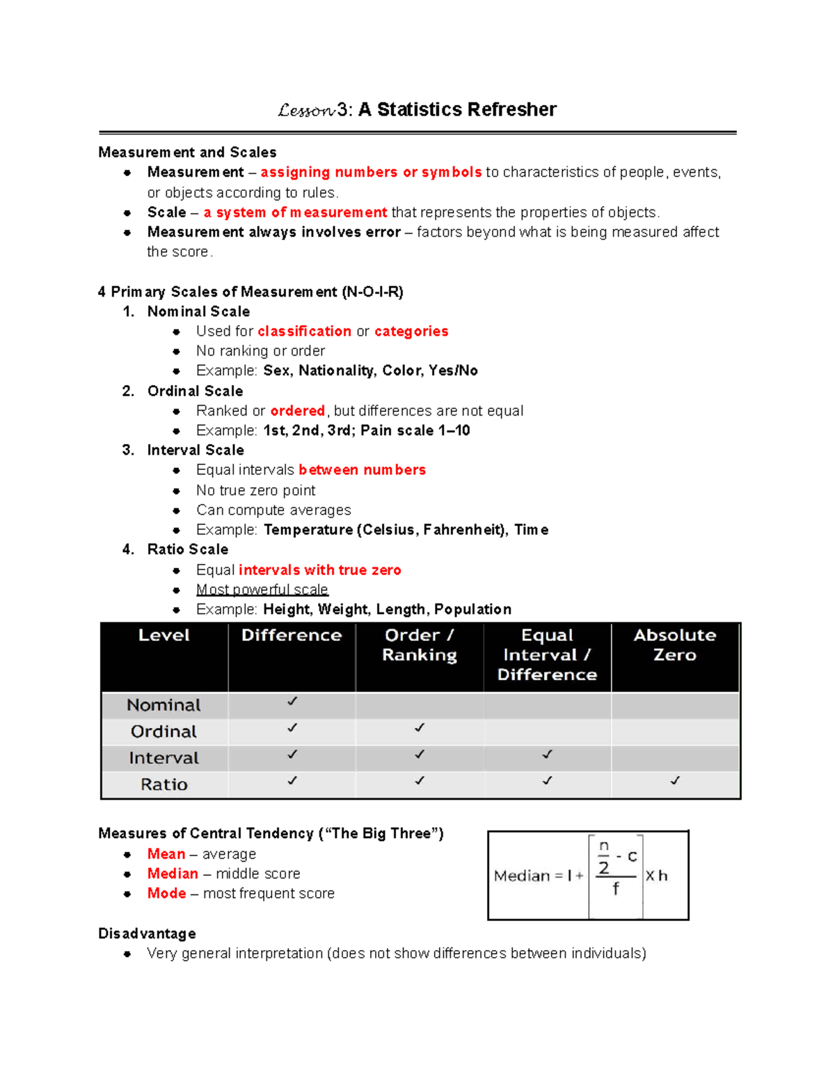 Lesson 3: Statistics Refresher on Measurement Scales and Central ...