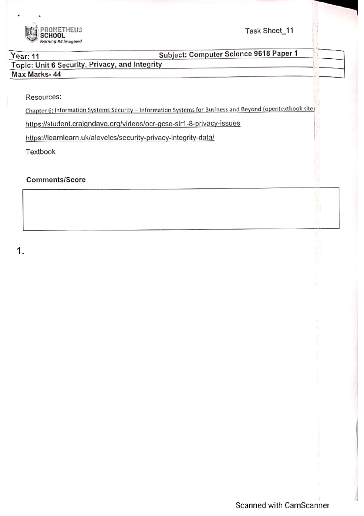 Security, Privacy, and Integrity in Computer Science 9618 - Task Sheet ...
