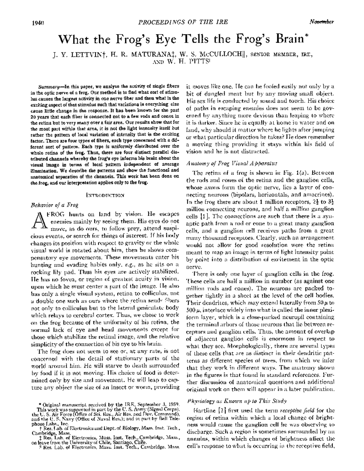 1940 IRE Proceedings: Frog Vision and Neural Responses Analysis - Studocu
