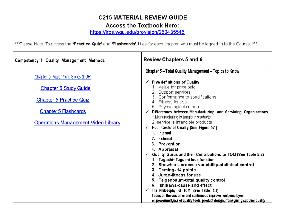 C215 Comprehensive Study Guide for Quality Management & Operations ...