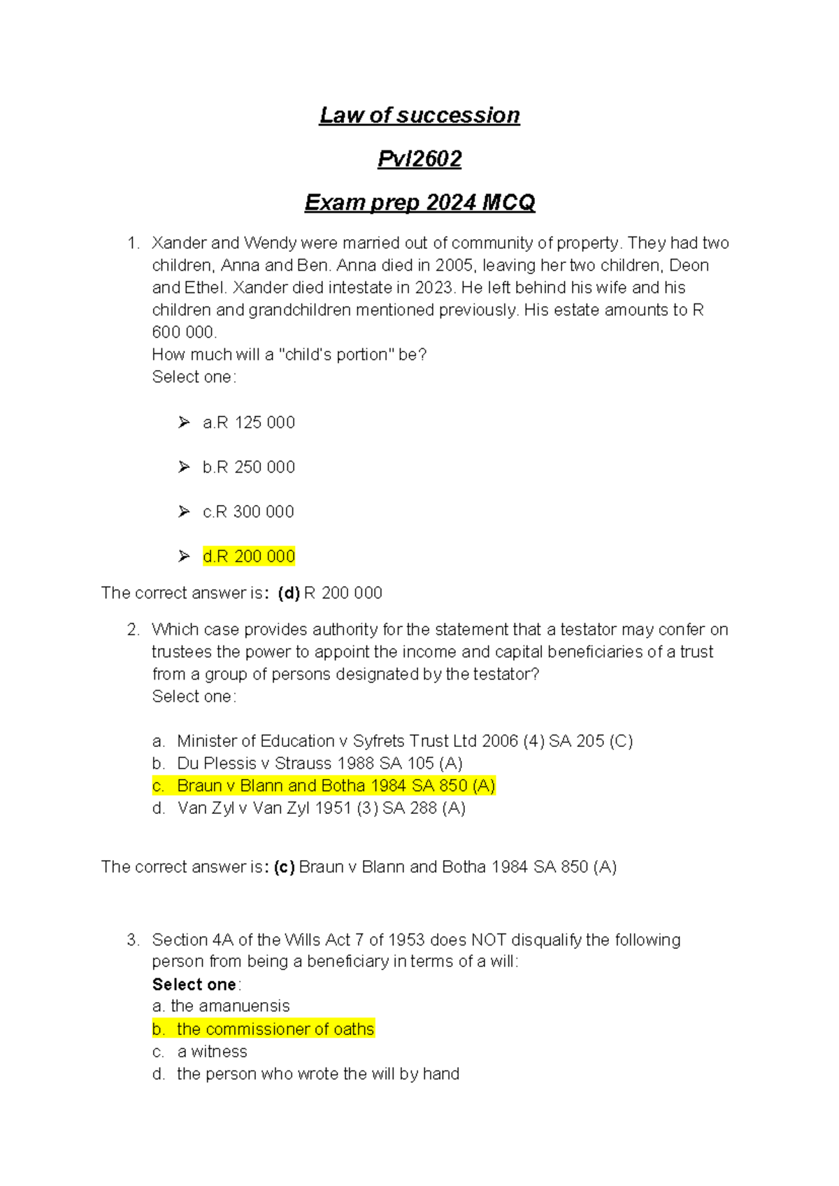 LAW 301: Law of Succession Final Exam Prep 2024 - MCQ Review - Studocu