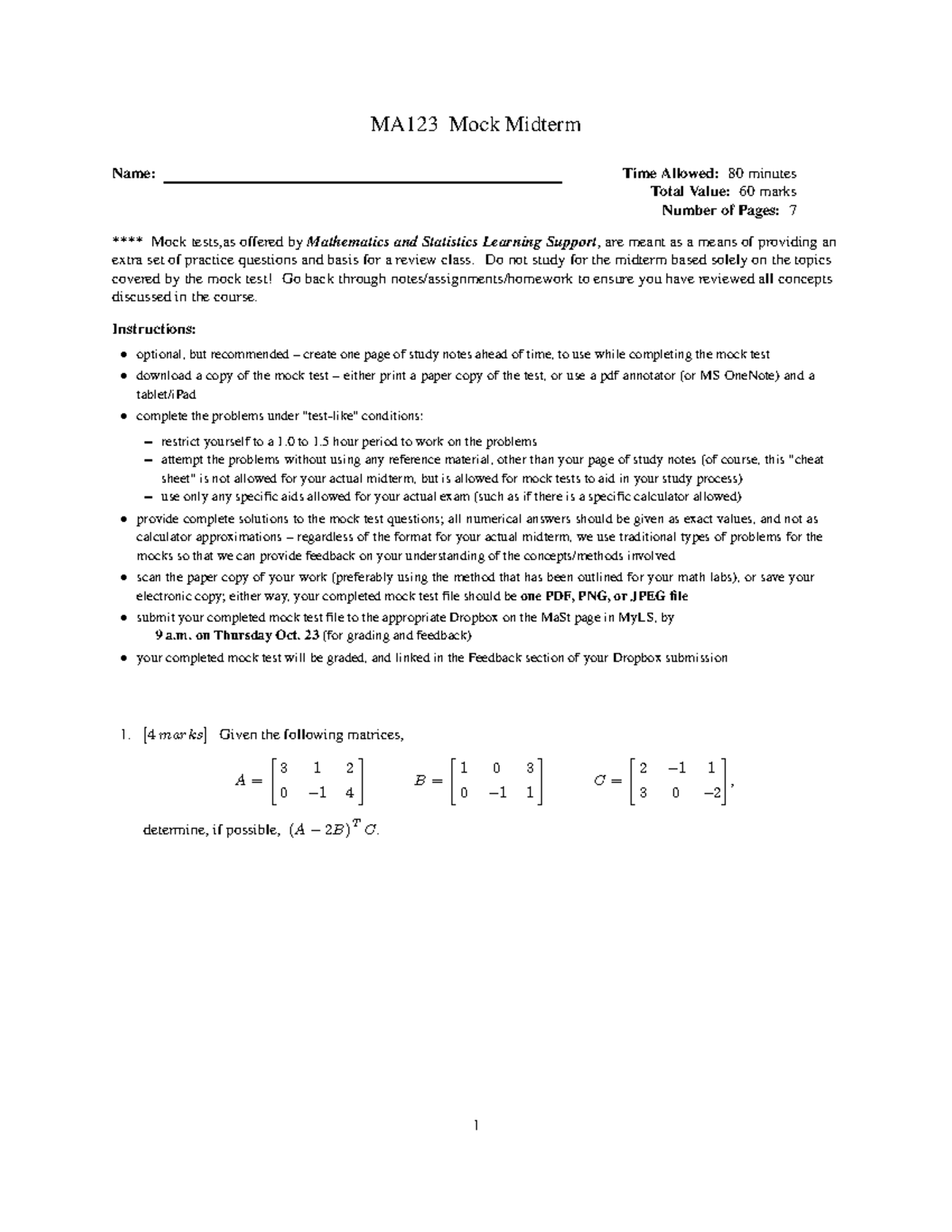 Mock MA123 Midterm F25 - Linear Algebra Practice Test - Studocu